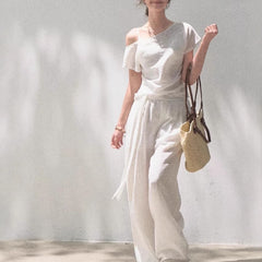 Linen Off-shoulder Short-sleeve Shirt Casual Set