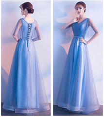 Beauty-Emily Tulle V Neck Ruffle Evening Dresses Long A-line Crystal Formal Dress Party Prom Gowns Lace Up Back Vestido de noche