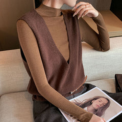 Elegant Deep V-neck Pure Wool Versatile Layered Knit Vest
