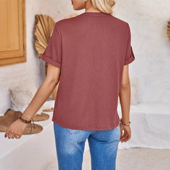 Women's Summer Button Short Sleeved Loose Solid Color Notch V-neck Pullover
