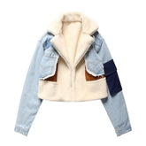 Plush denim stitching biker jacket
