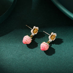 Enamel Strawberry Silver Needle Earrings For Women