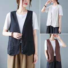Artistic Relaxed-fit Solid-color Cotton-linen Sleeveless Vest