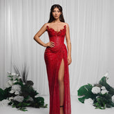 Drop-shaped Diamond Low-cut High Sitt Red Paillette Tube Coat And Dress