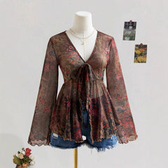 Women's Ruffled Vintage Print Long-sleeve Top
