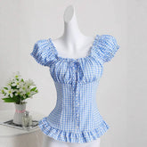 Plaid Cinched-waist Versatile Top For Women
