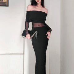 Women's Winter Off-the-shoulder Pleated Long Sleeve Polyester Dress