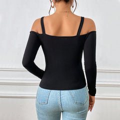 Women's Spring And Summer Fashion Simple Suspender Off-Shoulder Metal Hook Long-Sleeved Top