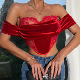 Velvet Stitching Flower Lace Slim Off-the-shoulder Top