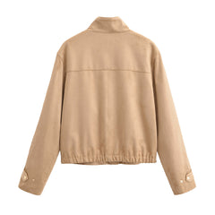 Womens Casual Stand-collar Suede-fleece Long-sleeve Jacket