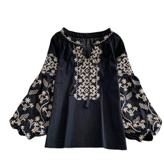 Retro Embroidered Puff Sleeve Shirt For Women