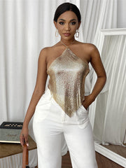 New Solid Color Metal Hot Girl Halter Sequin Sling Top For Women