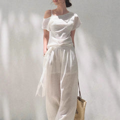 Linen Off-shoulder Short-sleeve Shirt Casual Set