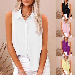 Cotton And Linen Buttoned Sleeveless Shirt Womens Clothing