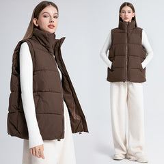 Women's Sleeveless Mid-length Stand-up Collar Thermal Down Cotton Thickened Vest