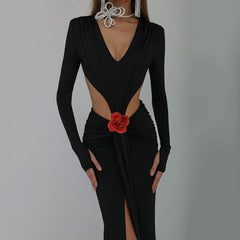 V-neck Backless Long Sleeves Skirt Waist Decorative Flower Split Fishtail Gown Dress Long