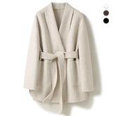 Camel-wool V-neck Wool Double-faced Wool Belted Coat