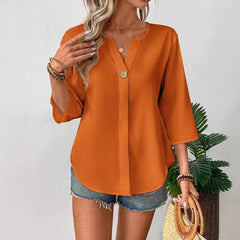 Loose-fitting Solid-color Casual Shirt With A Small V-neck And Buttons