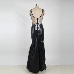 Europe and America long skirt sleeveless sequin mesh stitching banquet evening dress dew backpack hip fishtail mopping dress