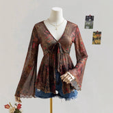 Women's Ruffled Vintage Print Long-sleeve Top