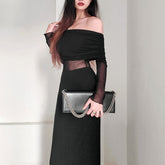 Women's Winter Off-the-shoulder Pleated Long Sleeve Polyester Dress
