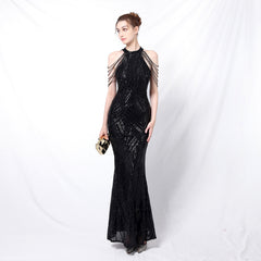 Backless Evening Dress Women Party Dress Long Wear Sequin Fabric Cheap