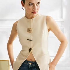 Womens European And American-style Decorative Button Solid-color Sleeveless Jacket