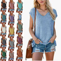 Women's Summer V-Neck Solid Color Casual Loose Short-Sleeve