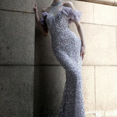 Purple Host Starry Sky Annual Meeting Beaded Toast Dress Halter Model Catwalk Fishtail