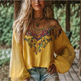 Retro Ethnic Style Long-Sleeve Off-Shoulder Basic Top