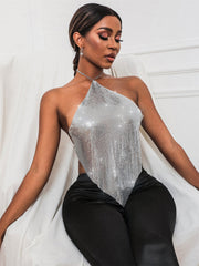 New Solid Color Metal Hot Girl Halter Sequin Sling Top For Women