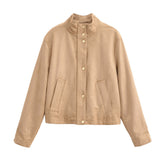 Womens Casual Stand-collar Suede-fleece Long-sleeve Jacket