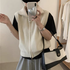 Simple Turtleneck Double Zipper Knitted Cardigan Vest