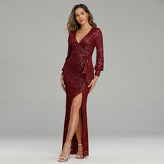 Fantasy Celebrity High Slit Long Sleeve Sequined Banquet Evening Dress Women