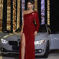 Sequined Tassel Sexy Backless Evening Dress