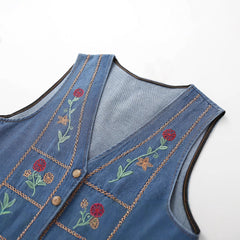 Heavy-Duty Embroidered Ethnic-Style V-Neck Denim Vest