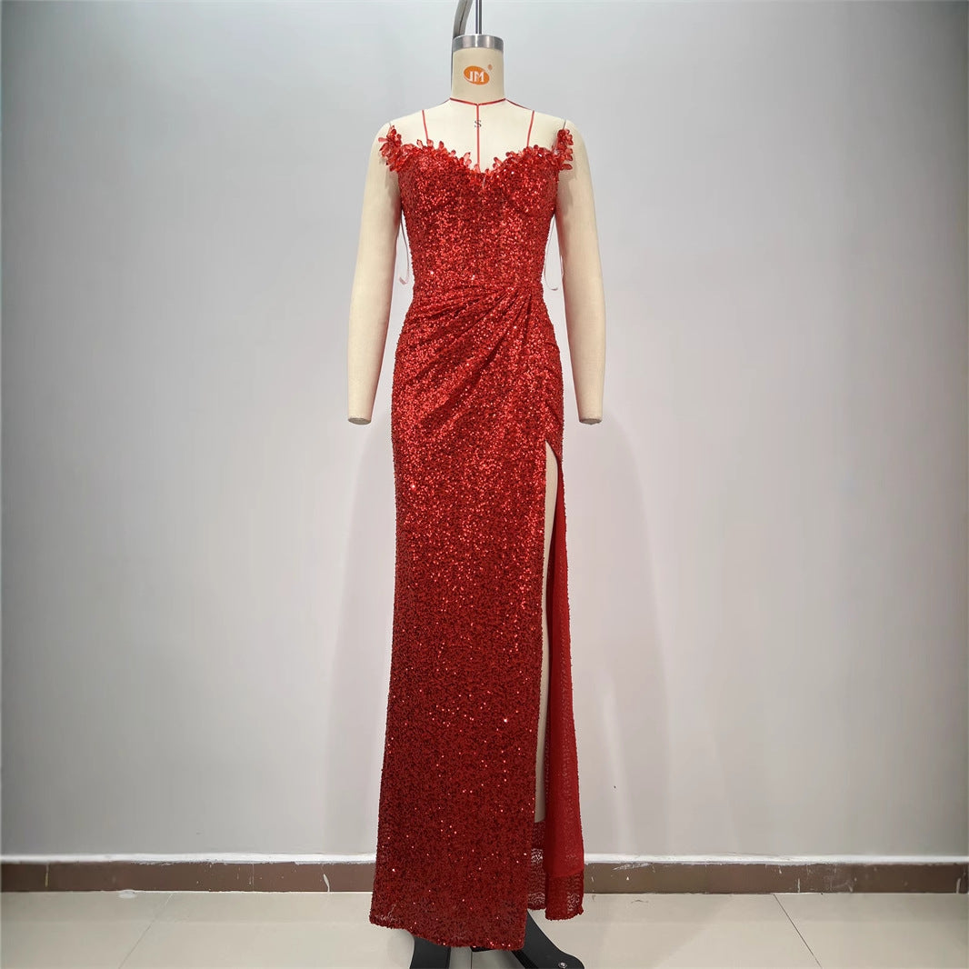 Drop-shaped Diamond Low-cut High Sitt Red Paillette Tube Coat And Dress