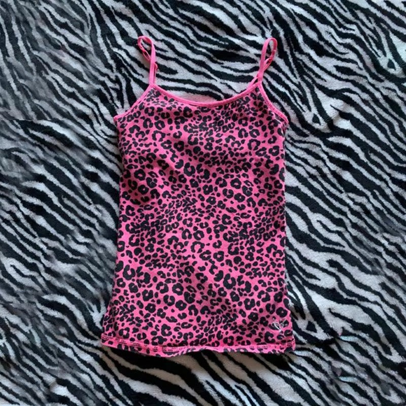 Leopard Print Hot Girl All-match Fashion Street Style Elegance Sleeveless Slim Strap Top