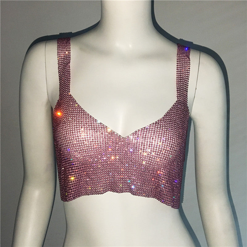 Deep V Rhinestone Metal Camisole Split Short Top