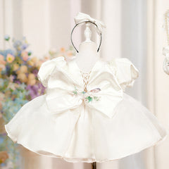 Childrens White Puff-sleeved Satin Ball Gown