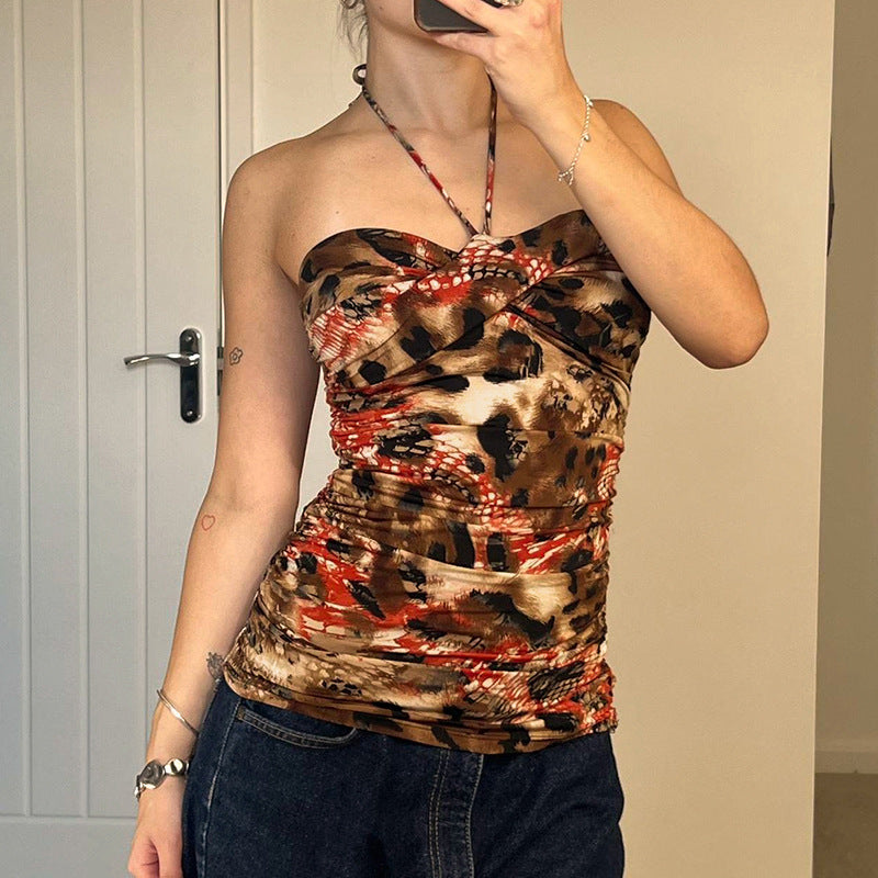European And American Retro Printed Backless Halter Vest