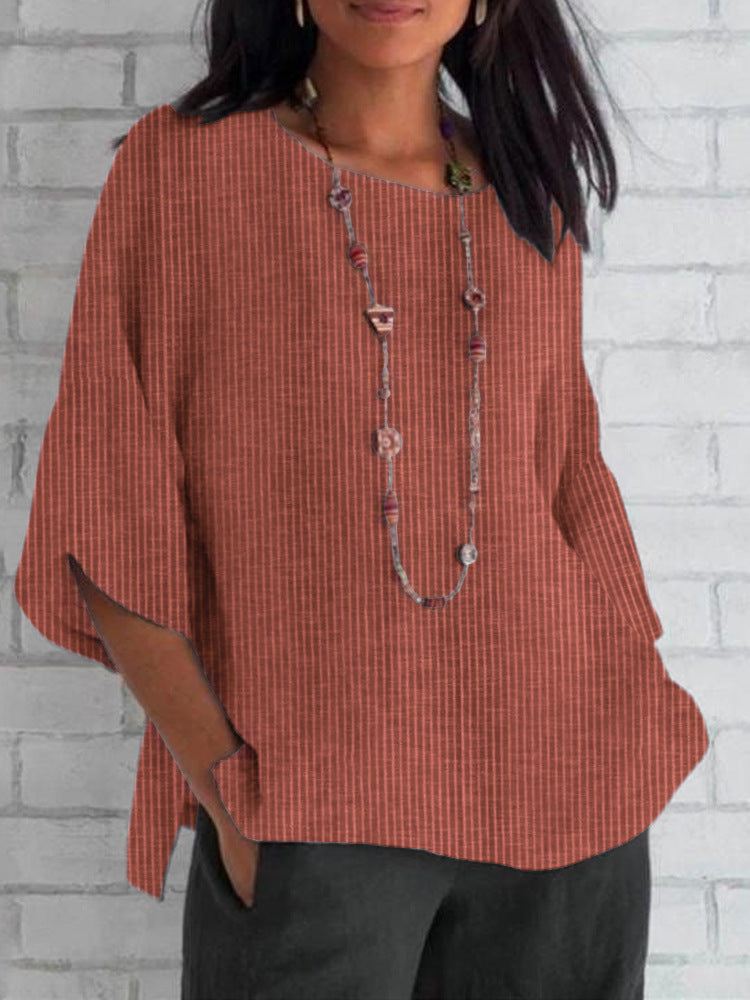 Round-neck Cotton-linen Solid-color Loose Top