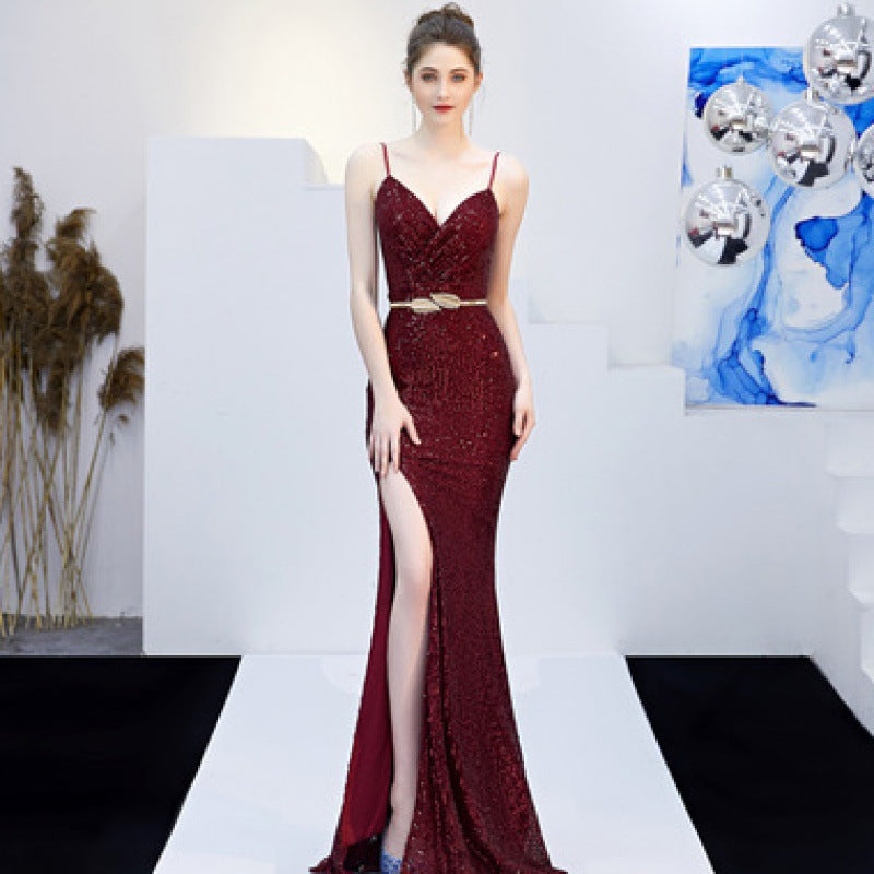 New Banquet Elegant Annual Meeting Long Host Deep V Fishtail Sequined Dress