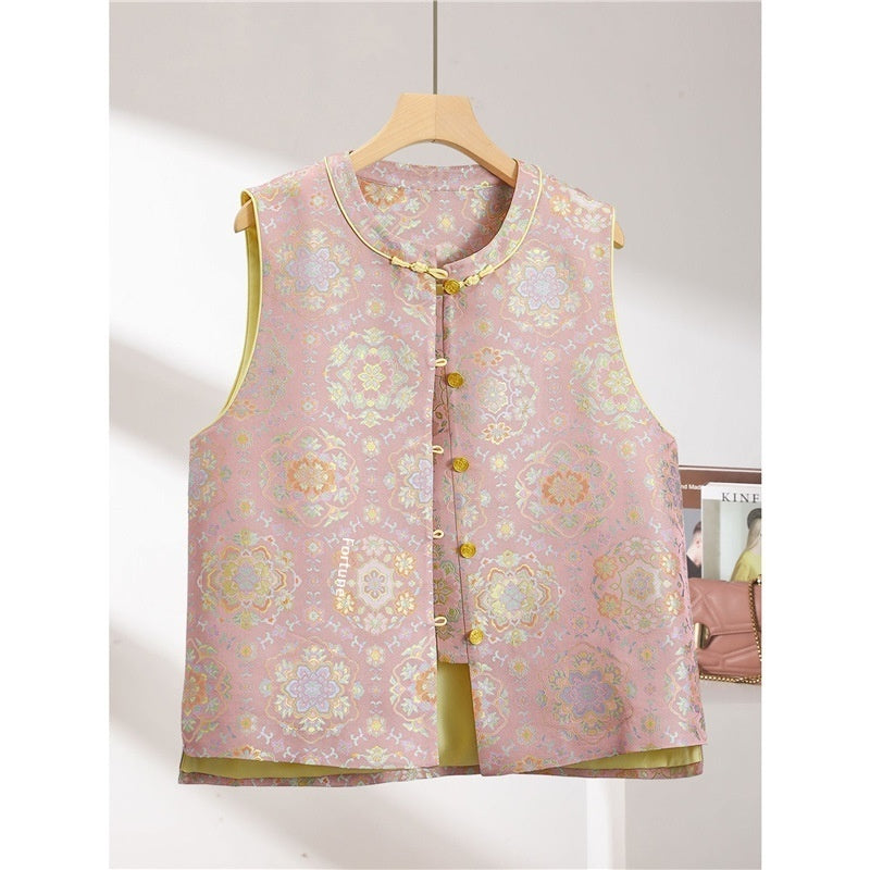 Spring Chinese-style Waistcoat With Brocade Peony Blossom Design