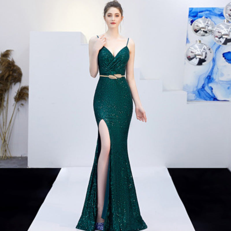 New Banquet Elegant Annual Meeting Long Host Deep V Fishtail Sequined Dress