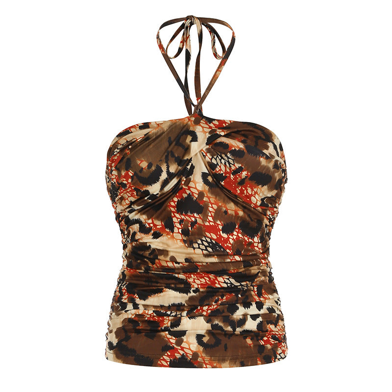 European And American Retro Printed Backless Halter Vest