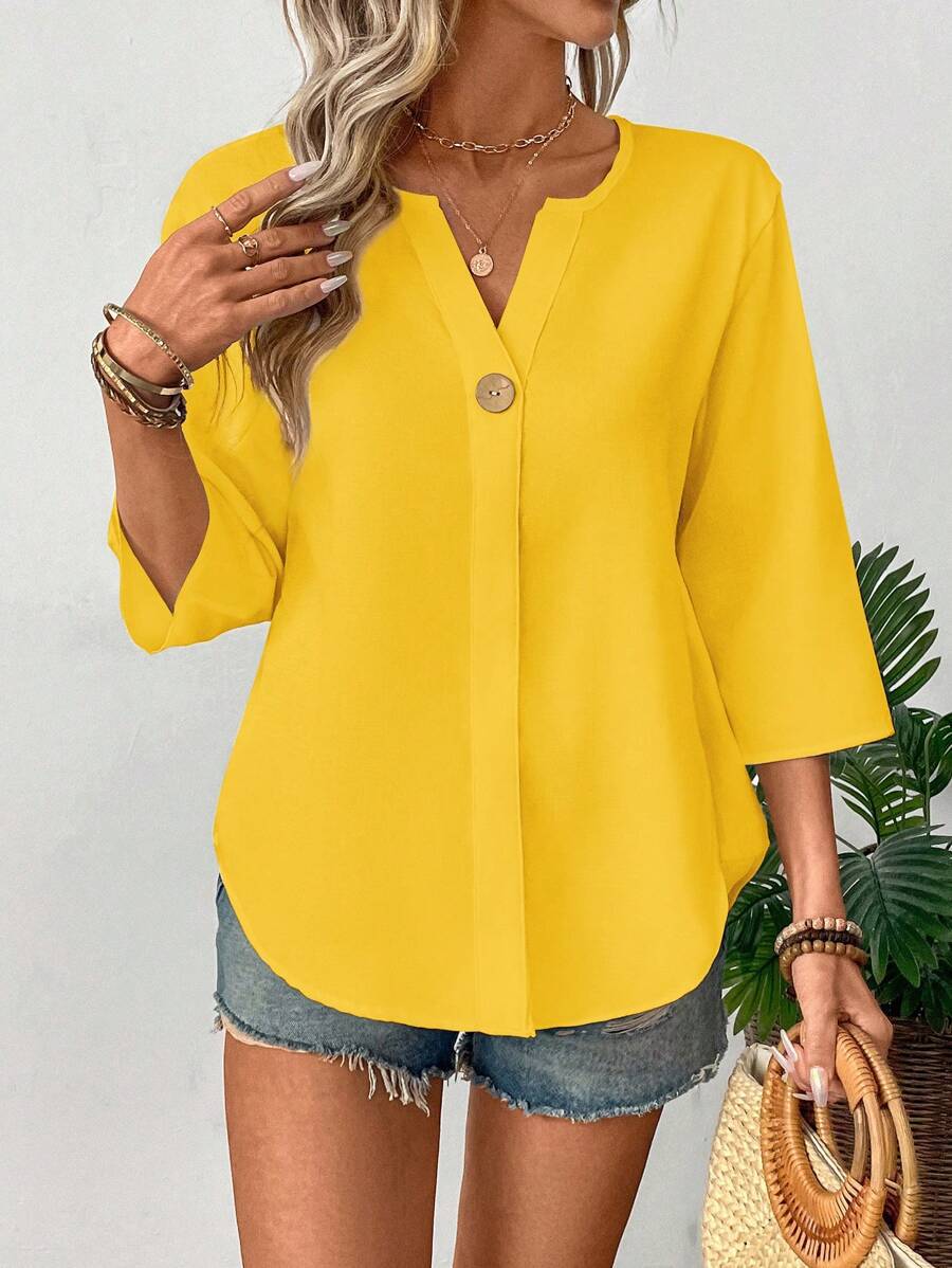 Loose-fitting Solid-color Casual Shirt With A Small V-neck And Buttons