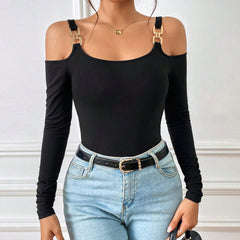 Women's Spring And Summer Fashion Simple Suspender Off-Shoulder Metal Hook Long-Sleeved Top
