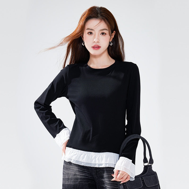 Women's Pure Cotton Ruffle-Trimmed Long-Sleeve Base Shirt