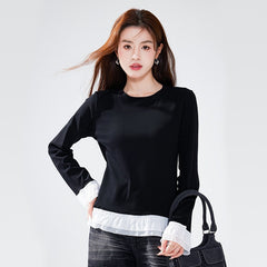 Women's Pure Cotton Ruffle-Trimmed Long-Sleeve Base Shirt